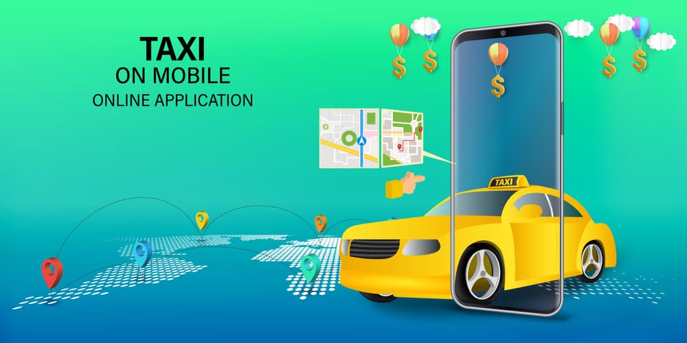 The taxi service's mobile app website showcases a sleek design, seamlessly integrated with the smartphone application. 